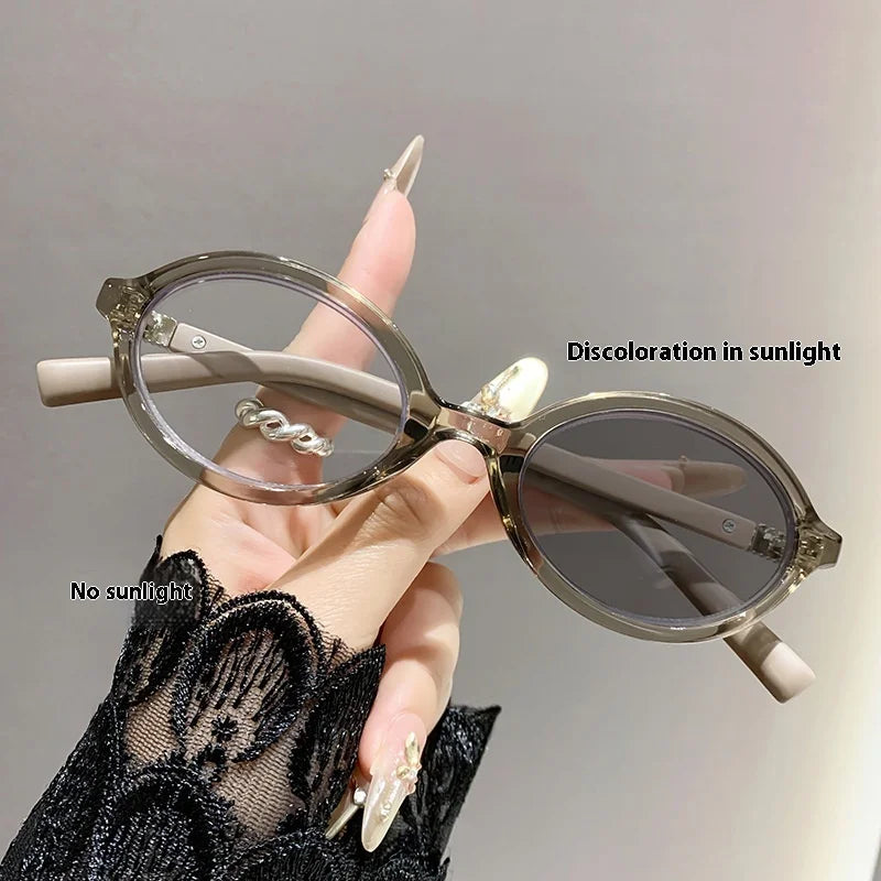2025 Fashion Women Ladies Photochromic Oval Round Frame Man Glasses Anti-blue Myopia Prescription Eyeglasses