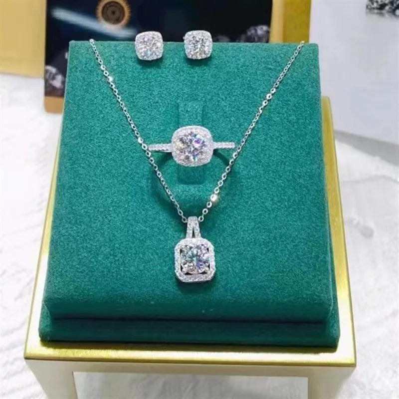 Trendy Round Crystal Silver Color Bride Jewelry Set for Wedding Stud Earring Bling Pendant Necklace Women Gifts Party