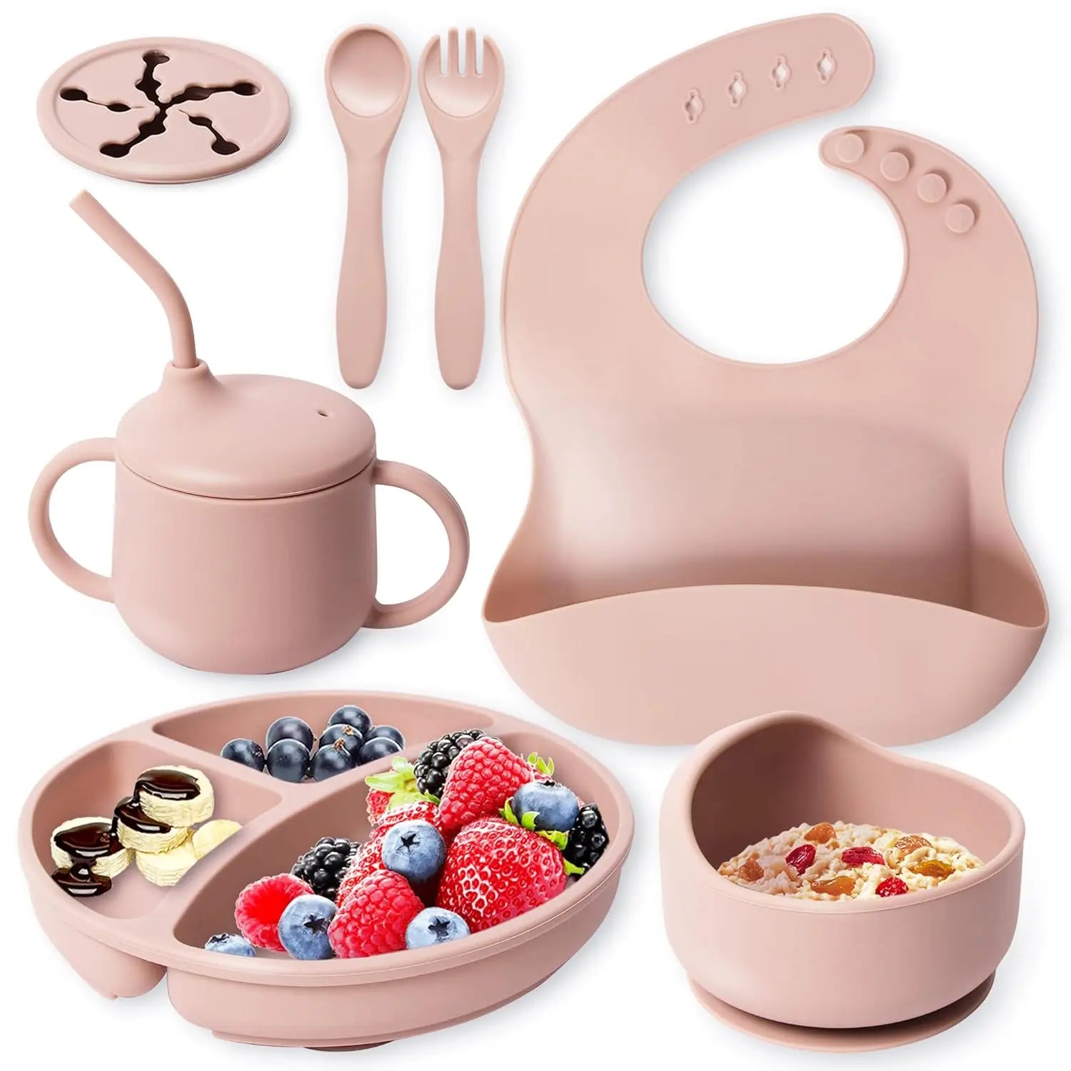 Custom Logo Hot Sell Factory  Baby Product Silicone Tableware Includes Cup Baby Plate Bowl Adjustable Bib Cup Spoon and Fork