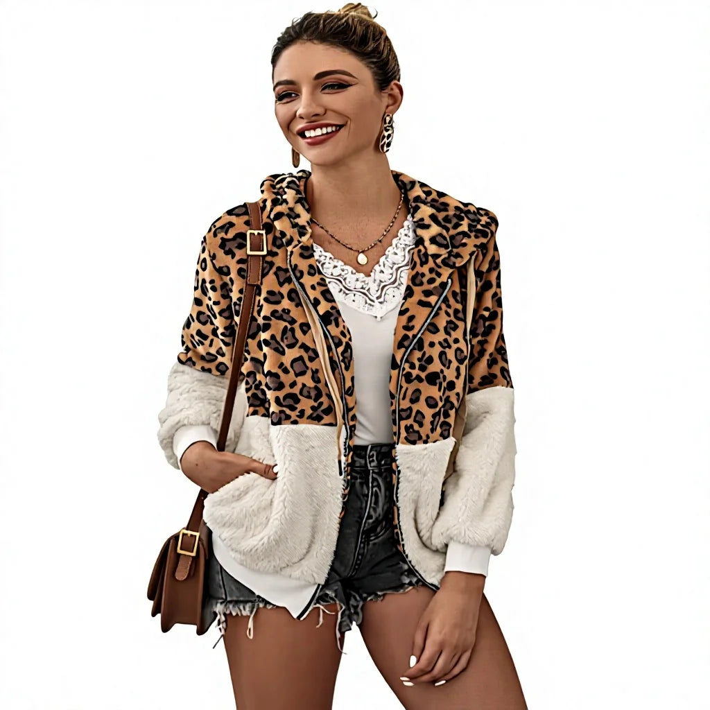 Casual Leopard Jacket Hoodies Women Long Sleeve Winter Jacket With Zipper Warm Coat