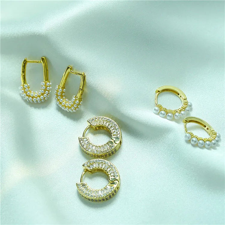 EP1047 Stylish Chic Thick Platinum 18k Gold Plated Faux Pearl Beaded Hoops Hoop Earrings for Women Ladies