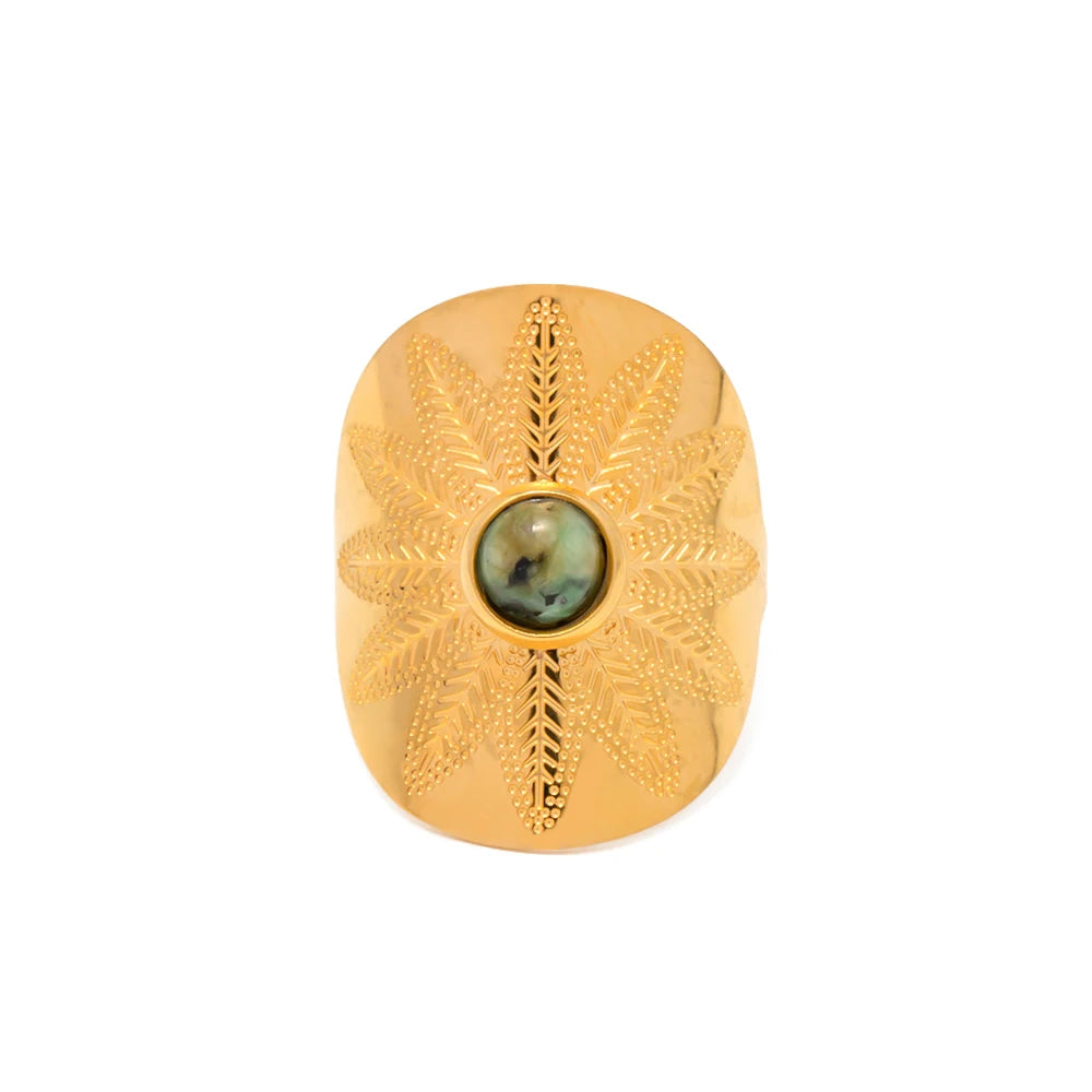 Vintage Stainless Steel 18K Gold Plated Opening Ring Gift Exaggerate Wide African Turquoise Rings