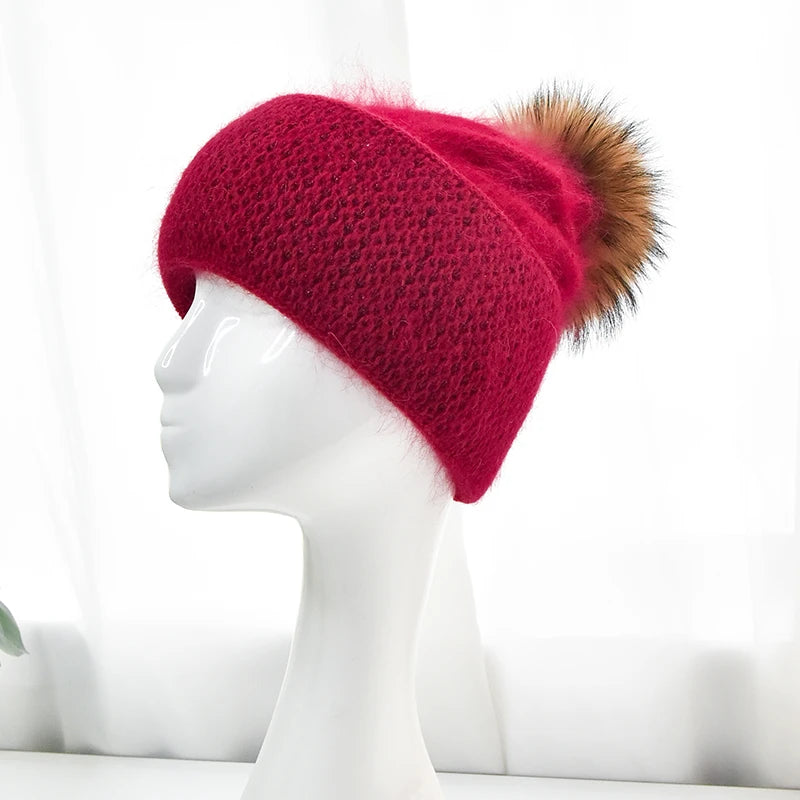 Custom Winter Real Fur Pompom Wool Knitted Beanie Hat With Custom Logo Angora Wool Knit Plain Beanies for Women
