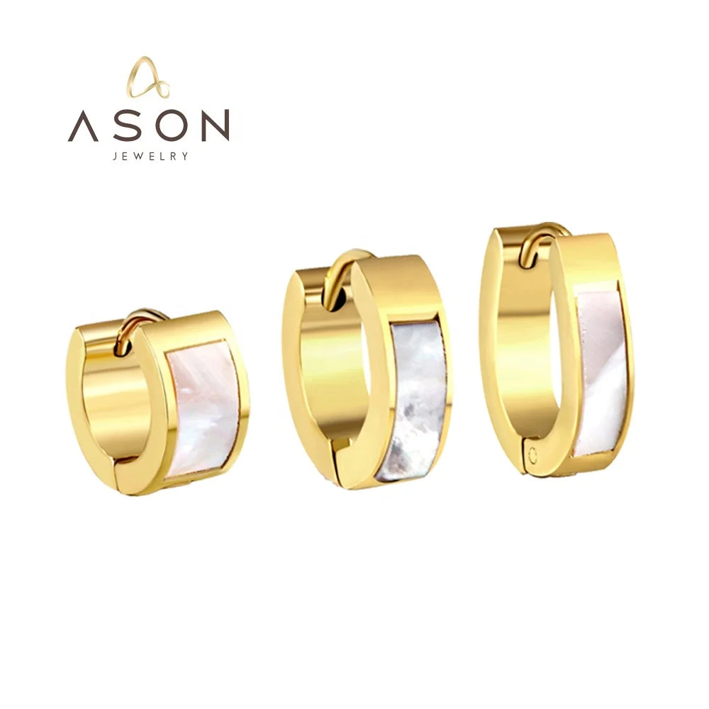 Ason Trend Fashion Earrings Jewelry White Shell Huggie Earrings Jewelry Stainless Steel 18K Gold Plated Hoop Earrings for Women