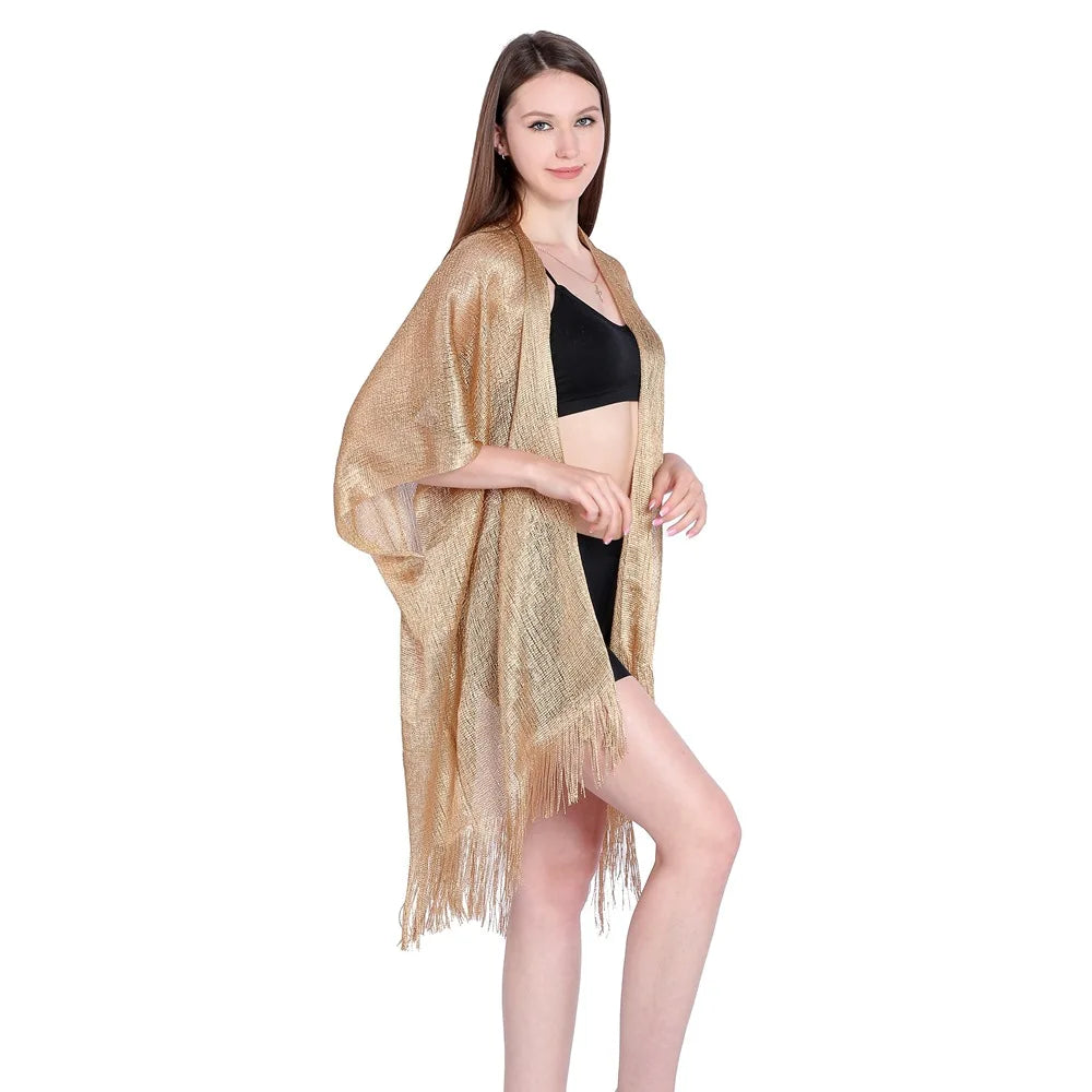 Fashion Plain Cape Lurex Scarf Bikini Blouse Sunscreen Clothing Metallic Scarf with Sleeve