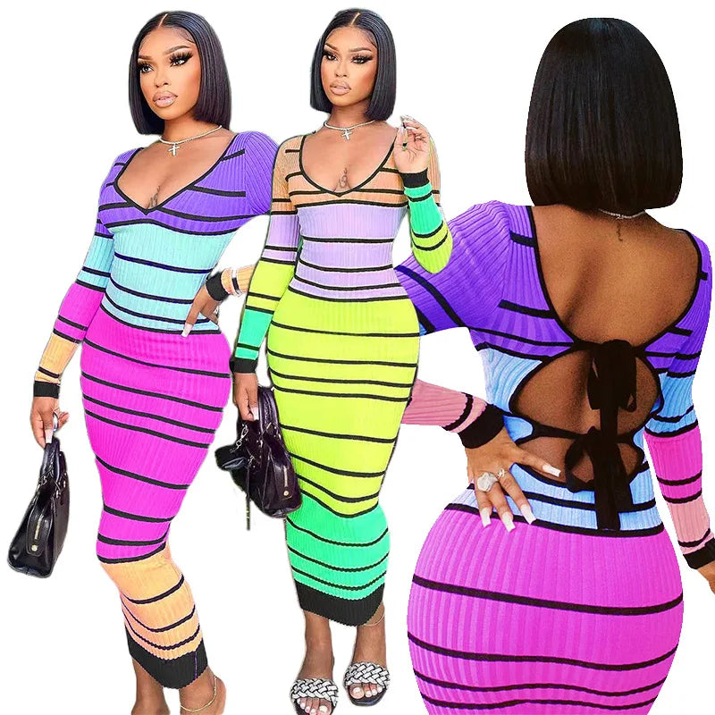 New Fashion V-neck Knitted Dresses Women Long Sleeve Winter Autumn Cross Top Elegant  Bodycon Dress