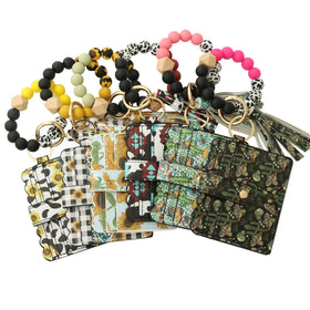 2023 New Western Style Silicone Beads Bracelet Personalized Cowhead Sunflower Cactus Printed Card Holder Women's Wallet Keychain