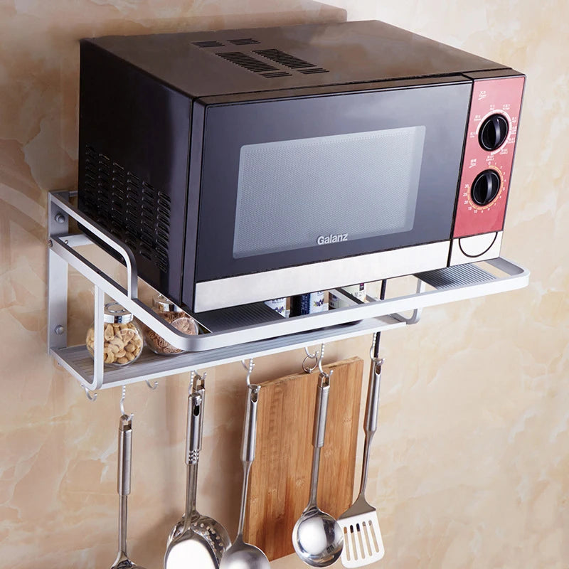 Kitchen Storage Holders Multipurpose Space Aluminum with Hooks Wall Double Tier Microwave Oven Rack