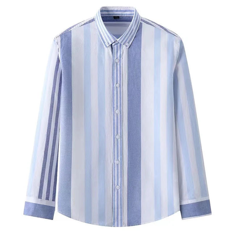 RNSHANGER New Men's Autumn Breathable Fashion Business Wedding Work Cotton Button Point Collar Color Stripe Commuter Long Sleeve