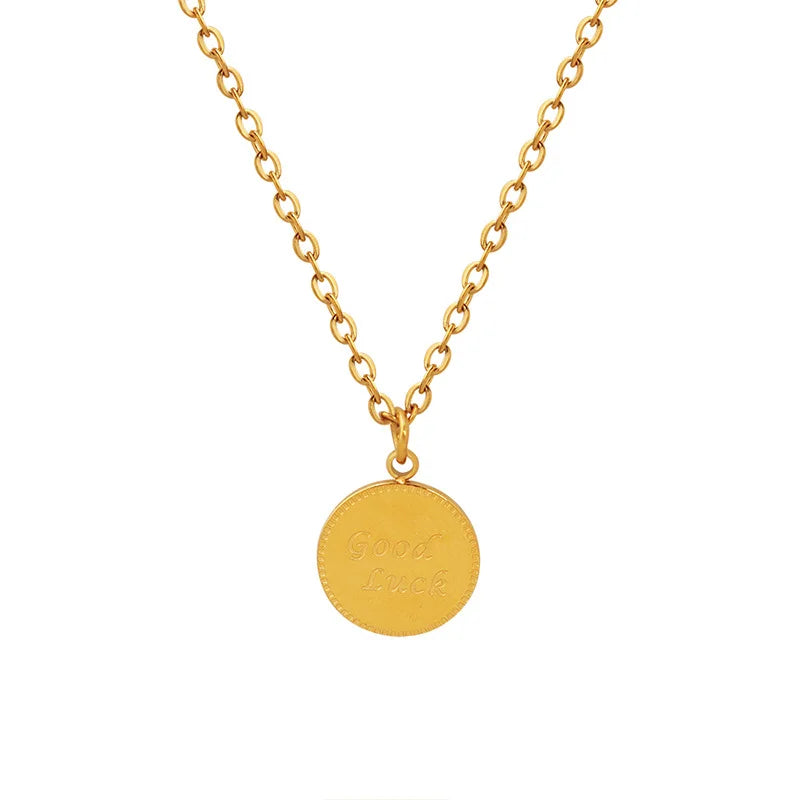 Simple Trendy English Letter Printing Round Pendant Necklace Stainless Steel Jewelry for Girls Non Tarnish