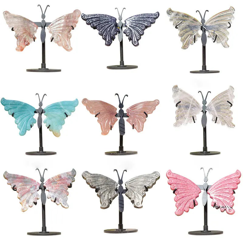 Carved Engraved Butterfly Crystal Crafts Display Healing Crystals Nature Gemstone Wing Metal Stand 11.5x13cm Home Office