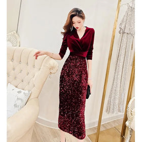 Women's French Autumn/Winter New Vintage Style Small Black Skirt Slim Wrap Hip Skirt Spliced Sequin Split Velvet Dress
