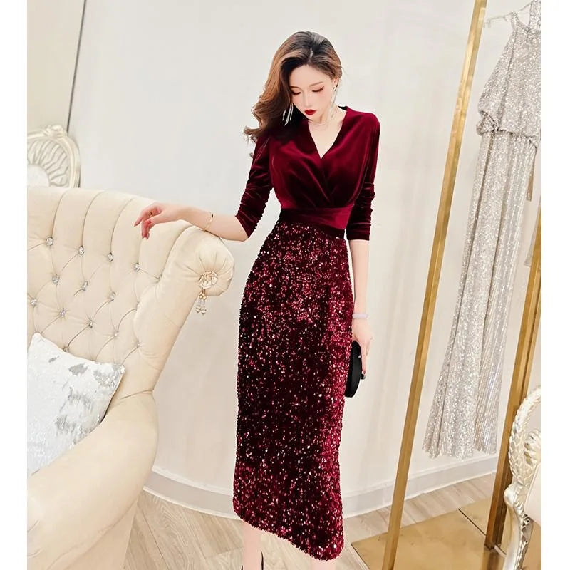 Women's French Autumn/Winter New Vintage Style Small Black Skirt Slim Wrap Hip Skirt Spliced Sequin Split Velvet Dress
