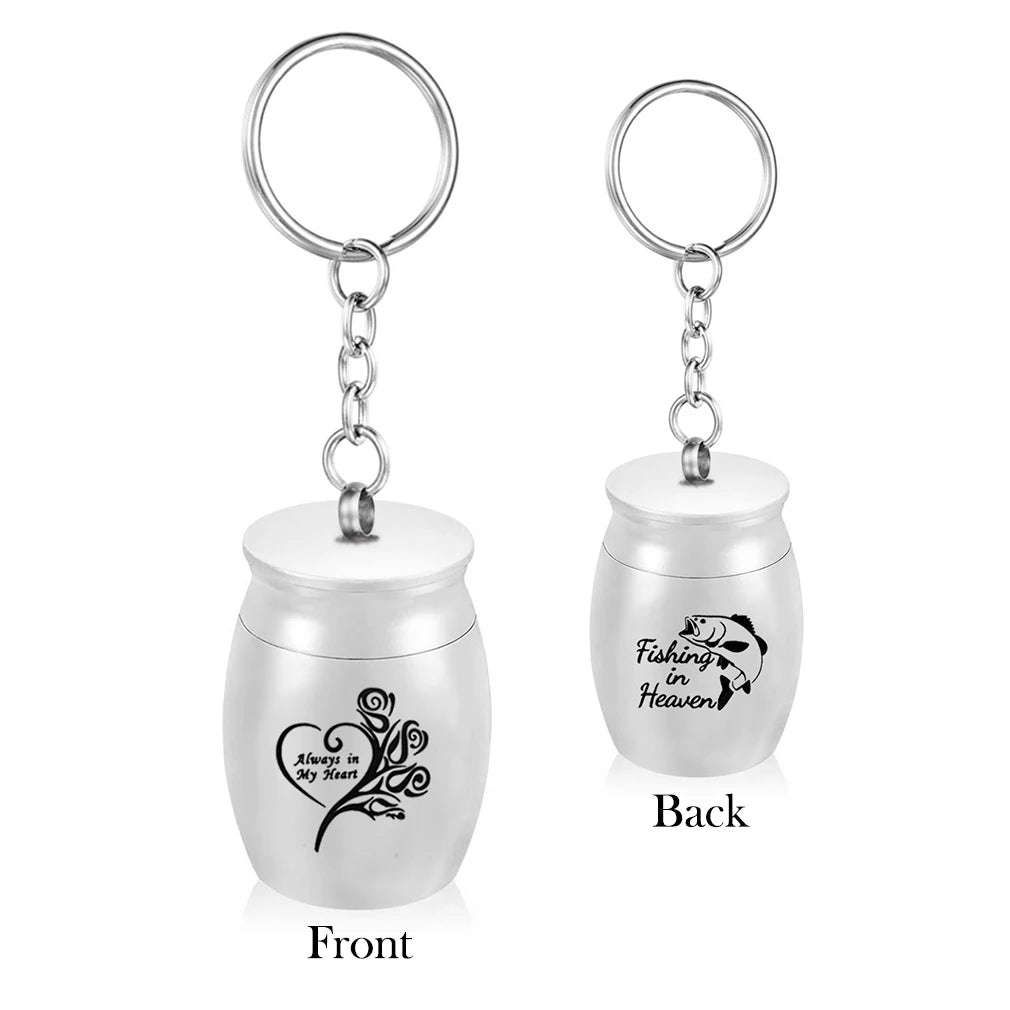 Engraved Heart and Fish Mini Cremation Urn Keychain Memorial Pet Human Ashes Funeral Keepsake Key Ring Jewelry for Men Women