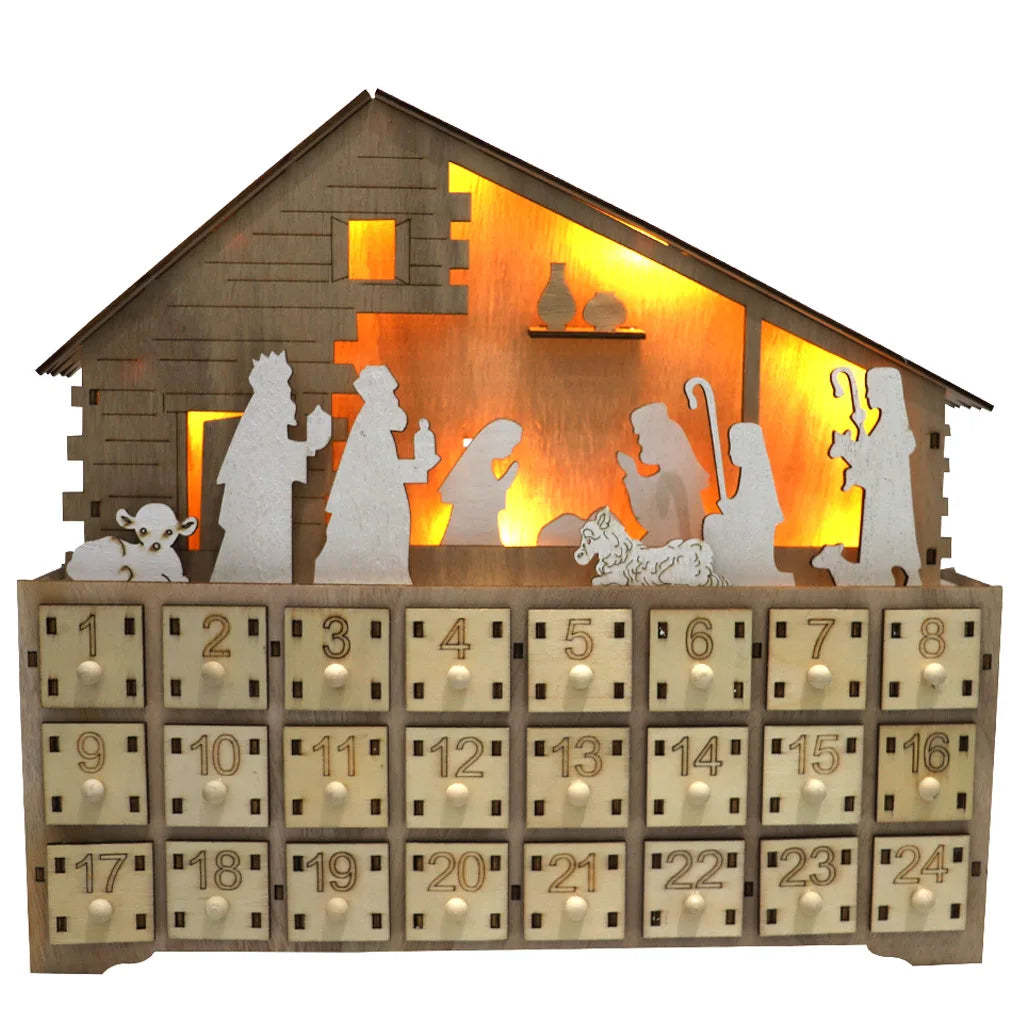 LED 24 Day Empty Blank Fidget Toy Christmas Countdown Nativity Wooden Advent Calendar Advent Drawer Storage Boxes Decoration