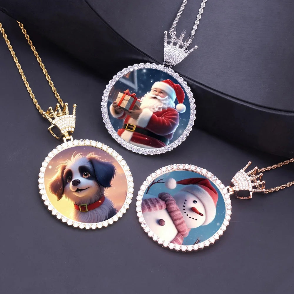 68MM Hip Hop Crown Hook Round Zircon Photo Frame Memory Pendant Iced Out Large Circle Sublimation Charm Picture Necklace Jewelry