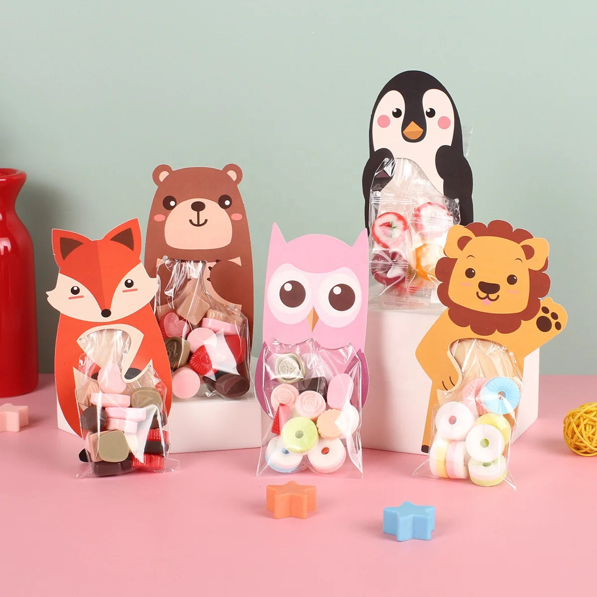 10 Pcs/Pack Cartoon Lion Decoration Greeting Card Sweet Cookie Sugar Candy Bag Gifts Packaging Bags for Kids Birthday Party