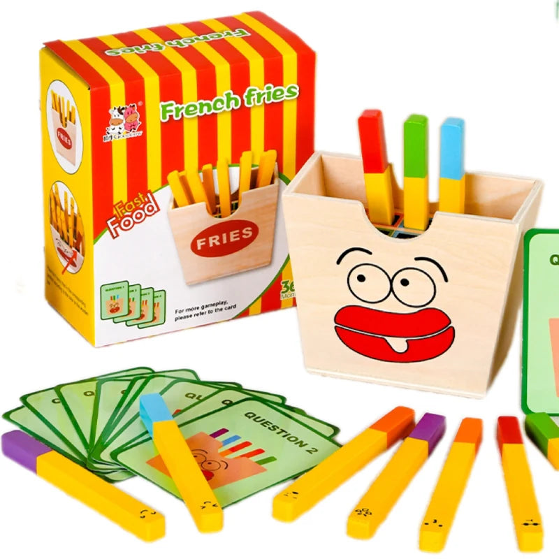 Wooden Montessori Color Sorting Fast Food French Fries Matching Pretend Game Assembly Kitchen Toys for Kids Boys Girls