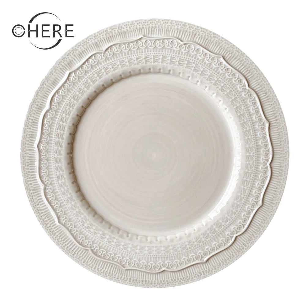 Purely Pink White Blue 13\" Charger Plate Lace Glaze Tableware Set Handmade Unique Eco-Friendly Design for Weddings Restaurants
