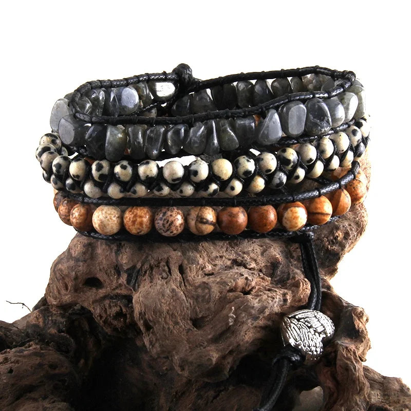 Handmade Natural Stone Beads Friendship Bracelet 3 Layer Men Women Leather Chip Wrap Bracelet Pierre Naturelle