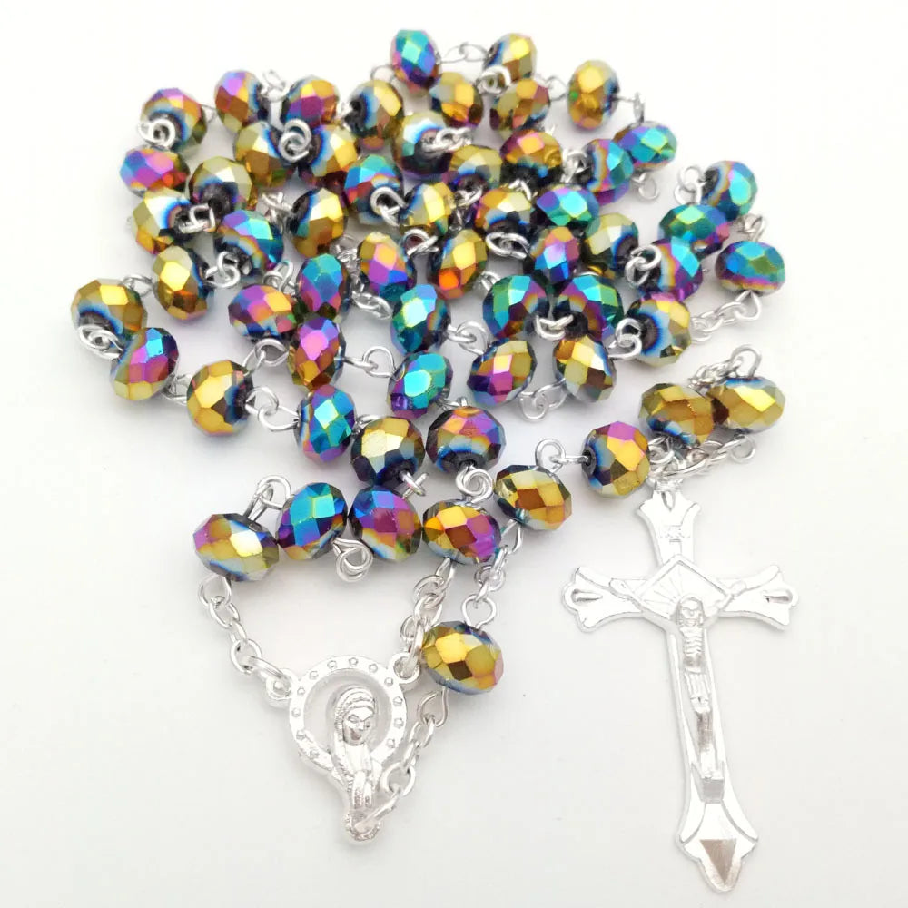 New Religion Christian Jewelry Virgin Mary Jesus Cross Pendant Long Necklace 6*8mm Faceted Glass Beads Necklace