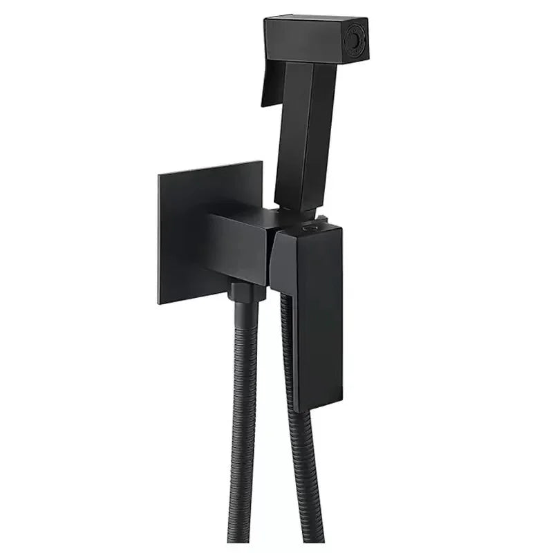 Wholesale Square Black Wall Mounted Toilet Brass Bidet Faucet Mixer Set Modern Household Bathroom Bidet Sprayer Kit