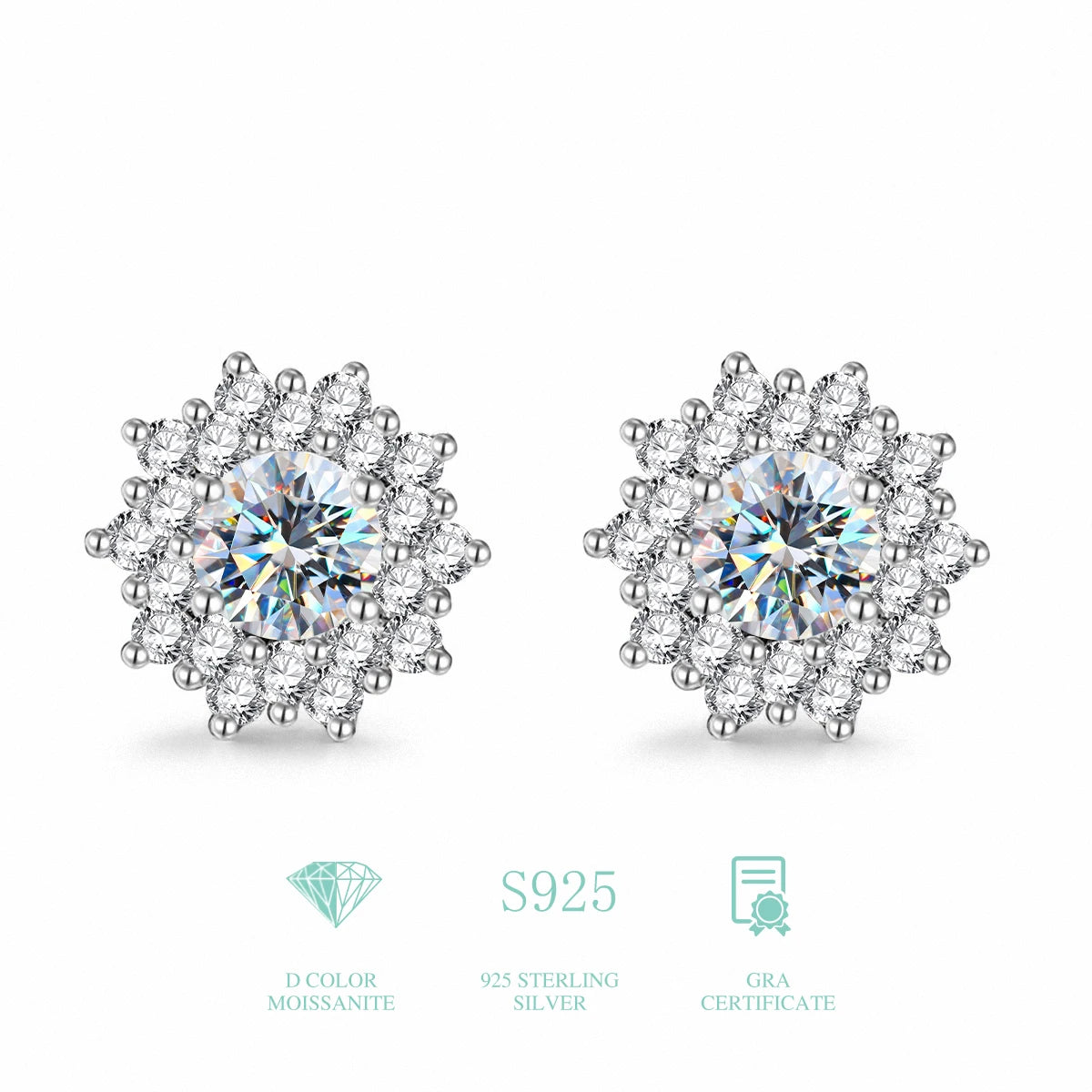 GRA 1 0.5CT Wedding Moissanite Diamond Sun Flower Stud Earrings for Women 925 Sterling Silver Certified Luxury Fine Jewelry