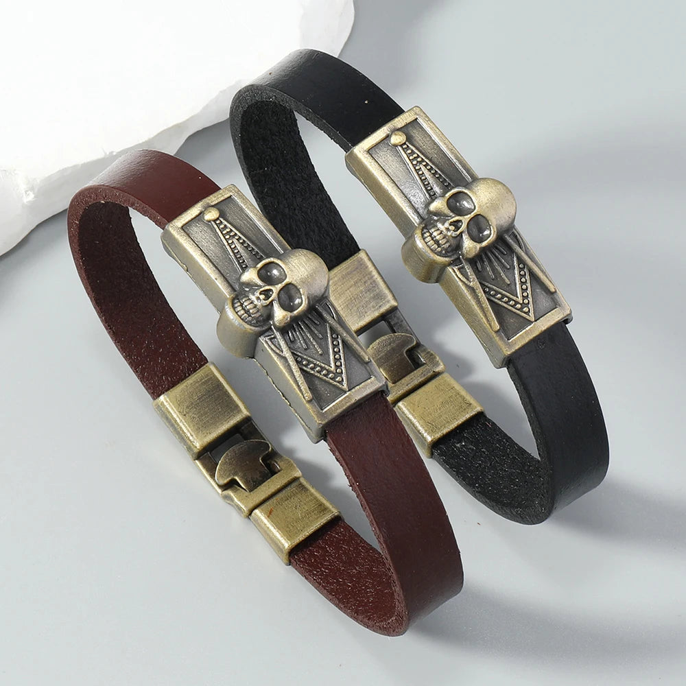 Vintage Leather Cuff Bracelets for Men Easy Hook with Metal Skull Design Simple and Elegant Genuine Leather Bangle