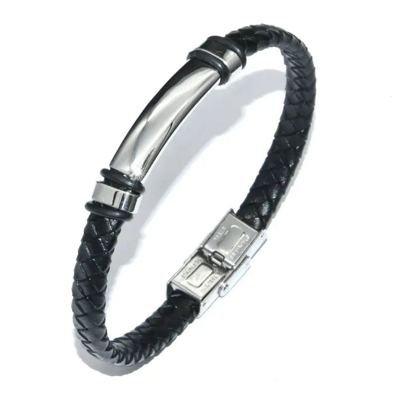 New Genuine Hand-woven  Leather Black Leather Bracelet with Stainless Steel Plate Luxury Men's Fashion  Jewelry