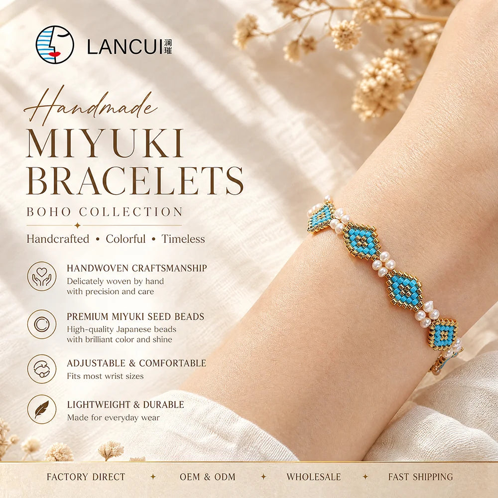 Bohemian Adjustable Handmade Colorful Rhombus Flower Miyuki Seed Beads Pearl Bracelet for Women