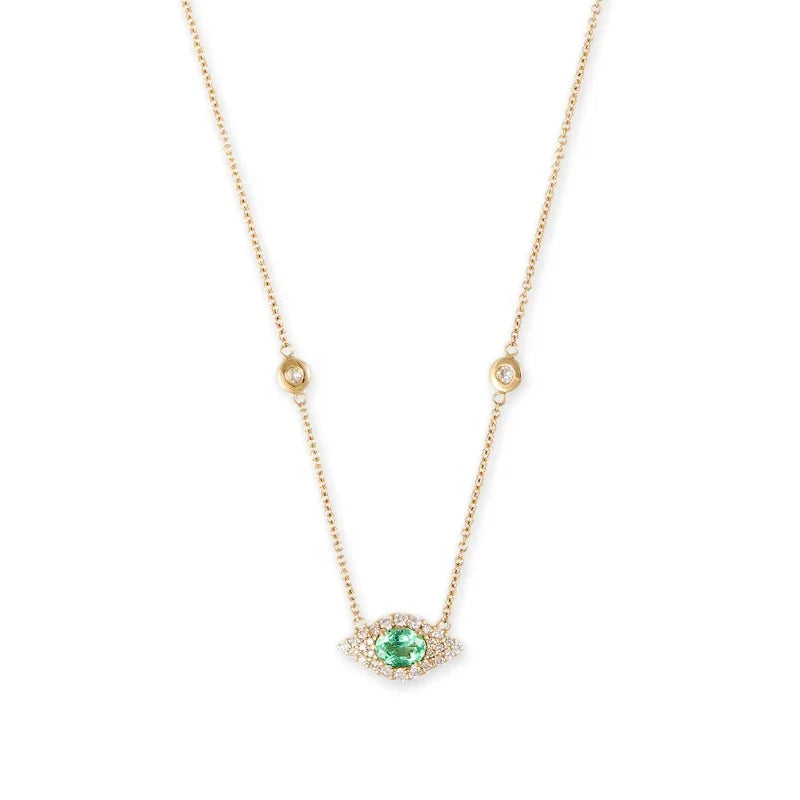 LOZRUNVE Pave Diamond Oval Emerald Gemstone Evil Eye Pendant Necklace Women