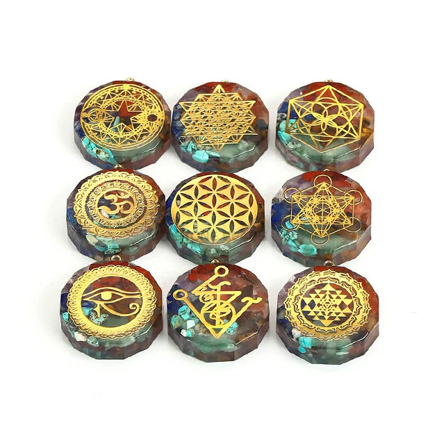 Ogan 7 Chakra Round Gravel Pendant Gravel Stone Healing Orgonite Meditation Healing Crystal Gemstone Pendants
