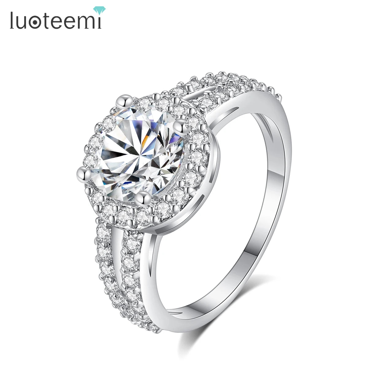 LUOTEEMI Designs Customizable Engagement CZ Halo Diamond Ring 2 Carat Cubic Zirconia 2 Bands Halo Engagement Rings