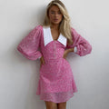 Patchwork Peter Pan Collar Button Up Printed Casual Dresses Long Sleeve Pink Short Summer Dress For Women With Lining