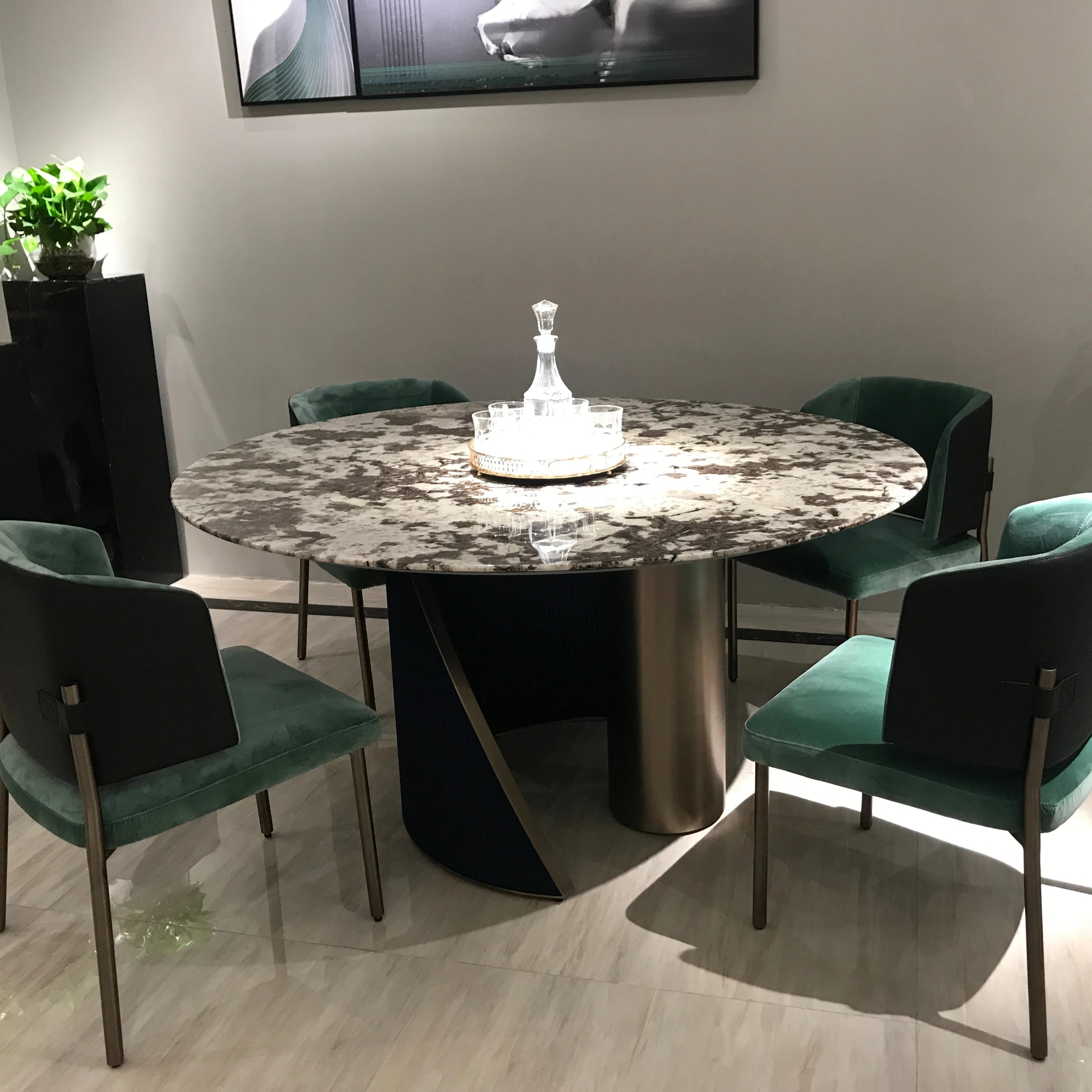 Luxury Dinning Set Home Furniture Supplier Heavy Stainless Steel Base Round Marble Dining Table with Lazy Susan