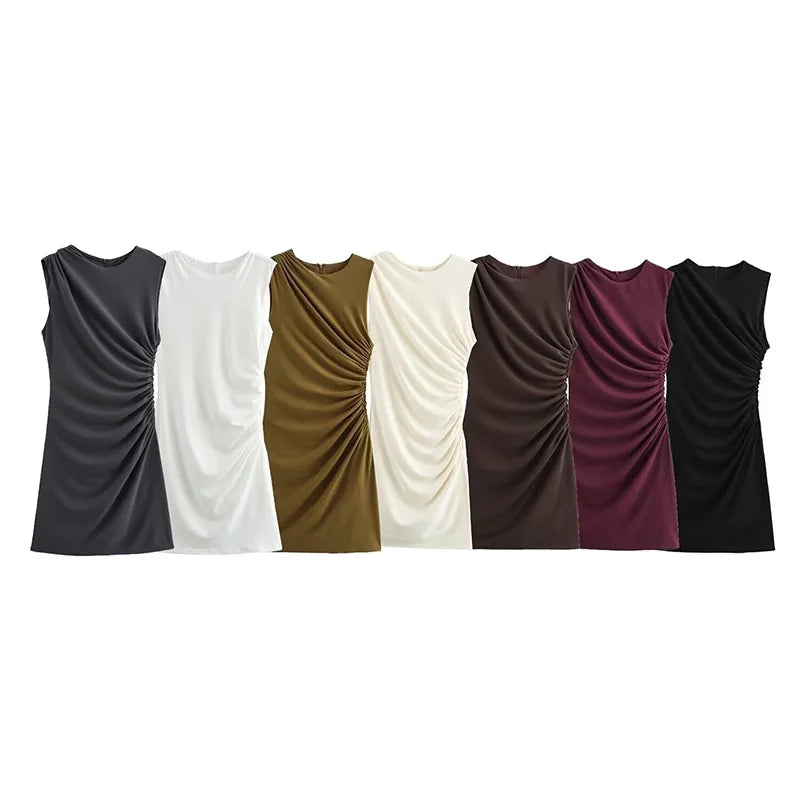 ZATRHMBM Women's 2024 New Fashion Pleated Decoration Mini Dress Retro Round Neck Sleeveless Female Casual Dress