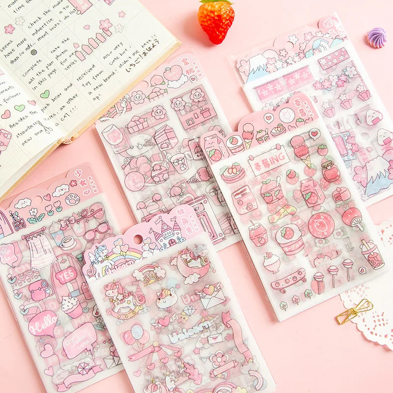 New Student Cartoon Frosted Glitter Sticker Translucent PET unicorn Cherry Blossom Sakura Decoration DIY Stickers Set 4 Sheets