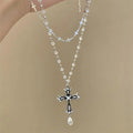 Girl Dark Cross Pendant Double-layered Layered Necklace with a Lock of Hair Chain for a Unique and Stylish Look NS10217