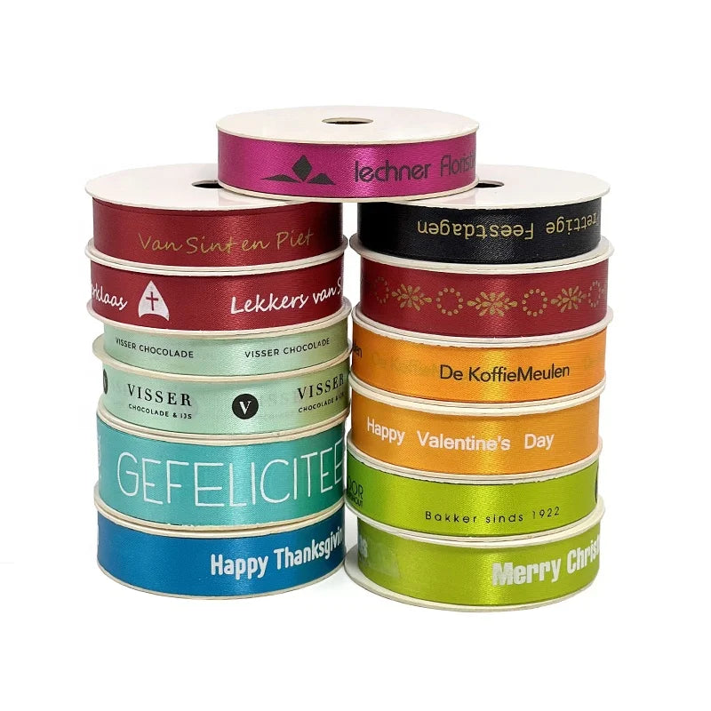 Custom Printed 100% Polyester Satin Ribbon with Orange Ribbon Logo Gold Foil Printed Single Face for Gift Wrapping