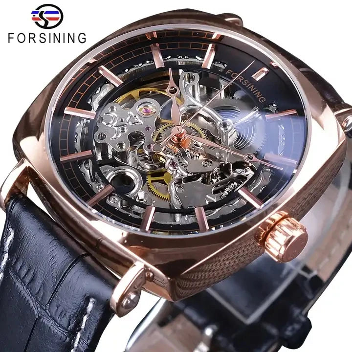Forsining New New Black Genuine Leather Fashion Royal Luxury Gold Clock Transparent Skeleton Men Automatic Mechanical Watches