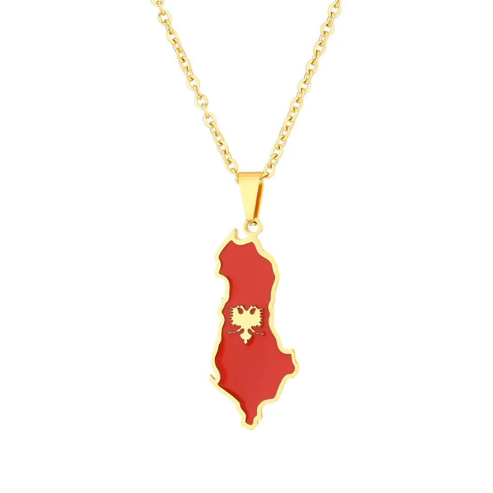 BINSHUO Wholesale Custom Stainless Steel Jewelry Drop Oil Albania Nation Map Flag Charm Men Pendant Couples Necklace for Women