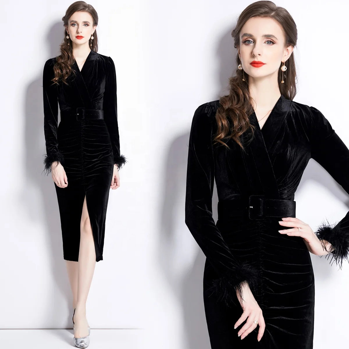 Elegant Autumn New Style Velvet Floor-Length Washable Zippers Empire Waist A-Line Silhouette V-Neck Split Women's Dress