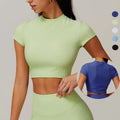 SHINBENE Women Regular Fit Breathable Four-Way Stretch Quick Dry Crew Neck Ribbed Short Sleeve Crop Top