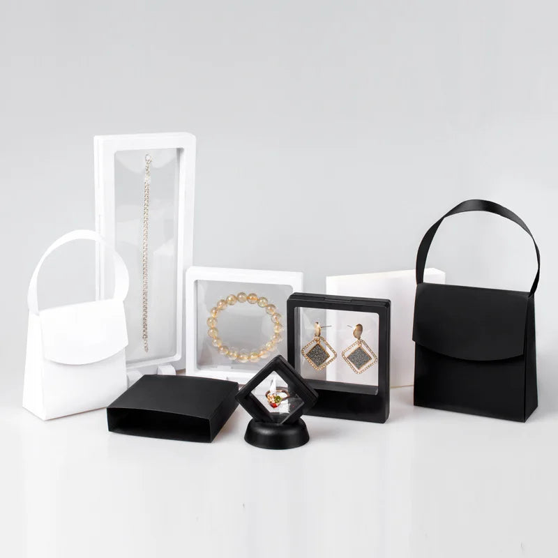 Custom Logo 3D Gift Bag 100pc MOQ Clear Window PE Film Display Paper PC Material Necklace Bracelet Ring Box