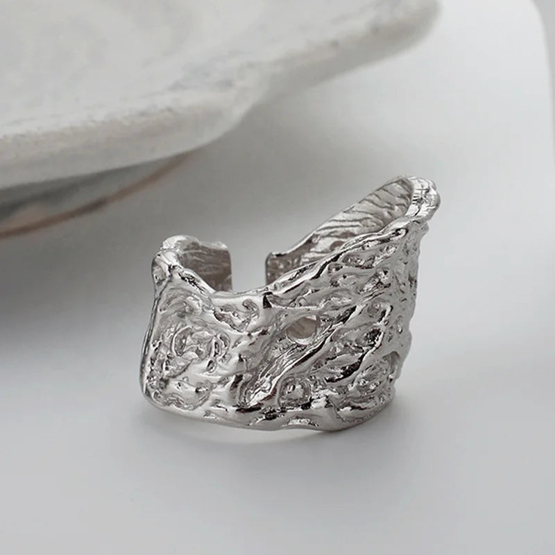 ICEBELA Simple Style Ring Unisex Adjustable Ring 925 Sterling Silver Irregularly Corroded Texture Index Ring