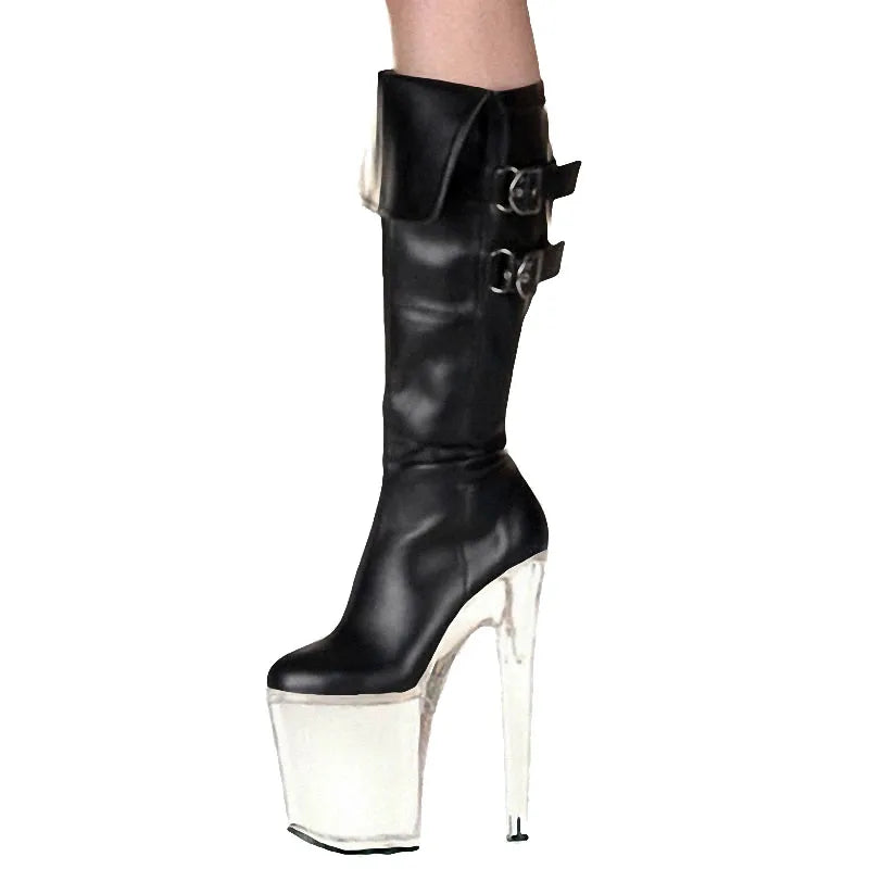 20cm Stiletto Shoes Thick Soled Crystal Black Party Shoes Knee High Boots Gladiator Roman Fashion Thigh High Boots 8 Inch Gothic