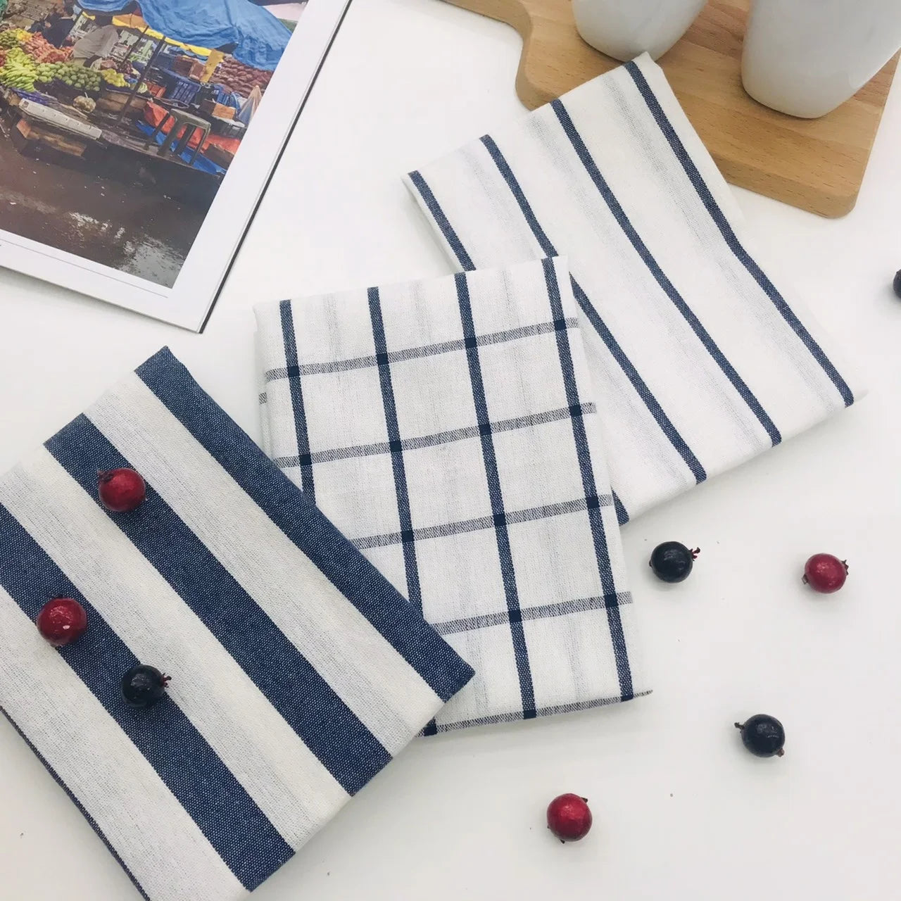 Modern Design 100% Cotton Woven Everyday Kitchen Tea Towel Plaid and Striped