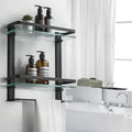 2 Layer Black Aluminum Bathroom Shelf Wholesale Bathroom Rack Square Glass Shelf Brackets with Towel Bar MegaBDM