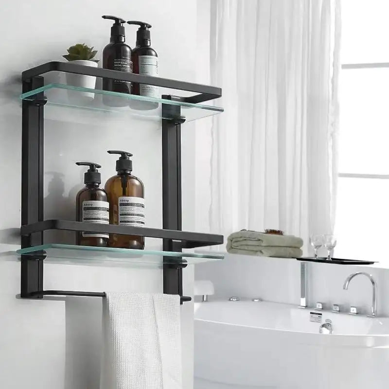 2 Layer Black Aluminum Bathroom Shelf Wholesale Bathroom Rack Square Glass Shelf Brackets with Towel Bar MegaBDM