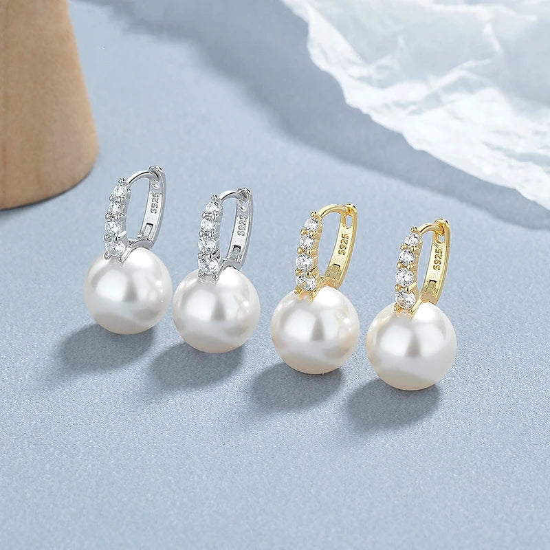 Fine Jewelry Silver 925 Earring Women Real 925 Sterling Silver Charms Pearl Drop Zircon Silver Hoop Huggie Earrings Jewelry